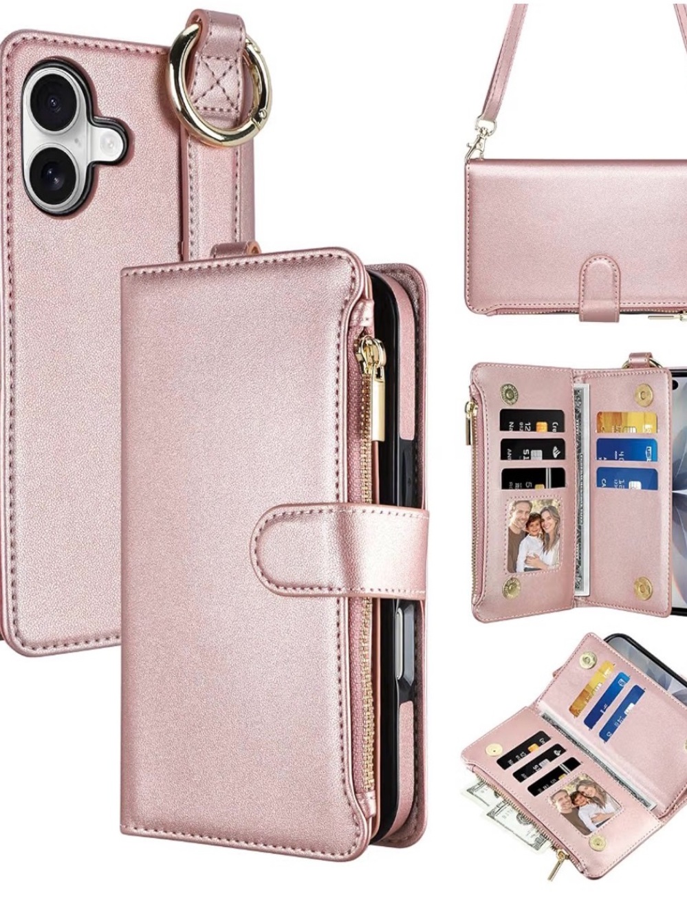 Rose gold iPhone 17 Case Wallet with Card Holder RFID Blocking Crossbody
Strap
